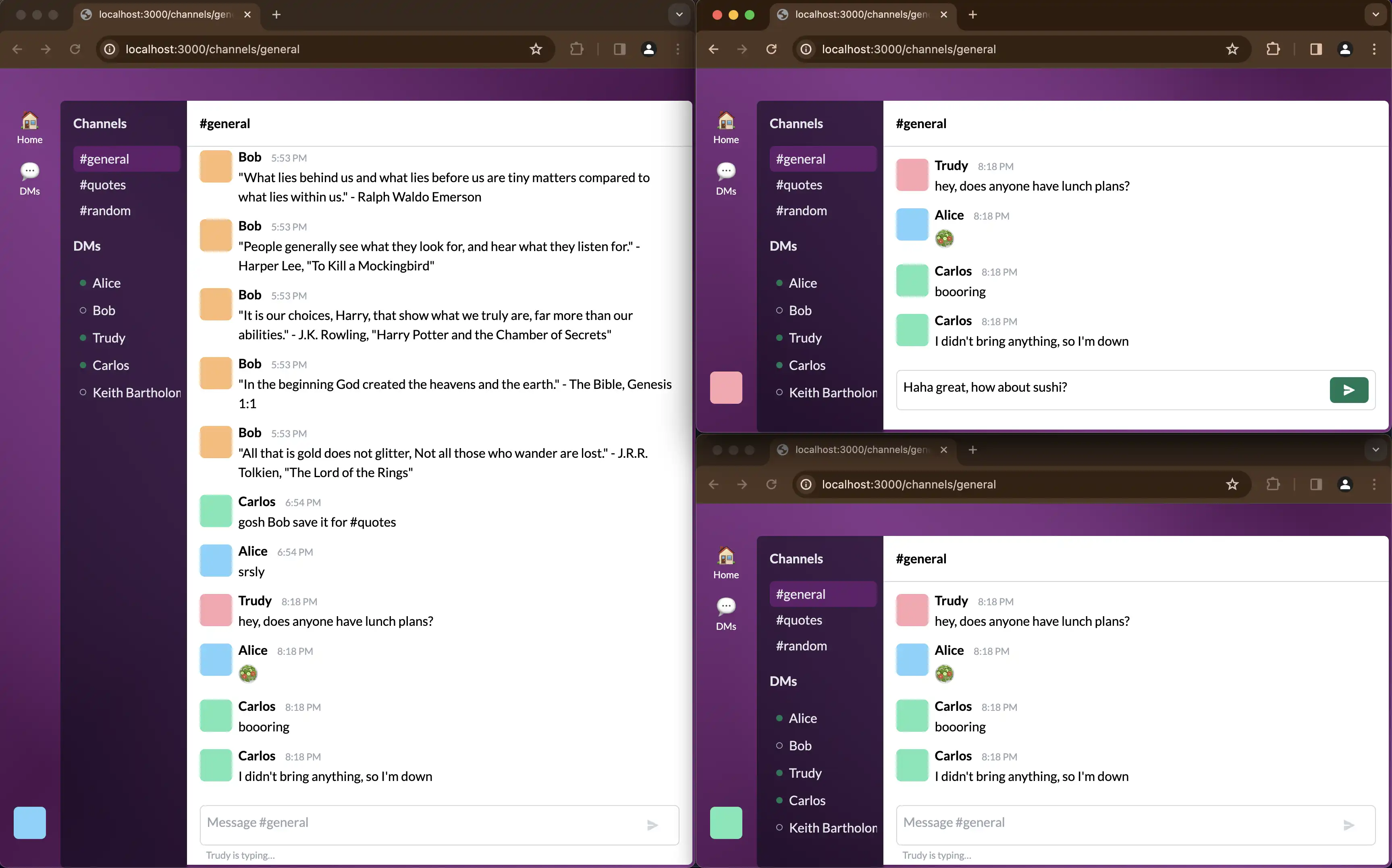 Several browser windows, each running the Slack clone demo